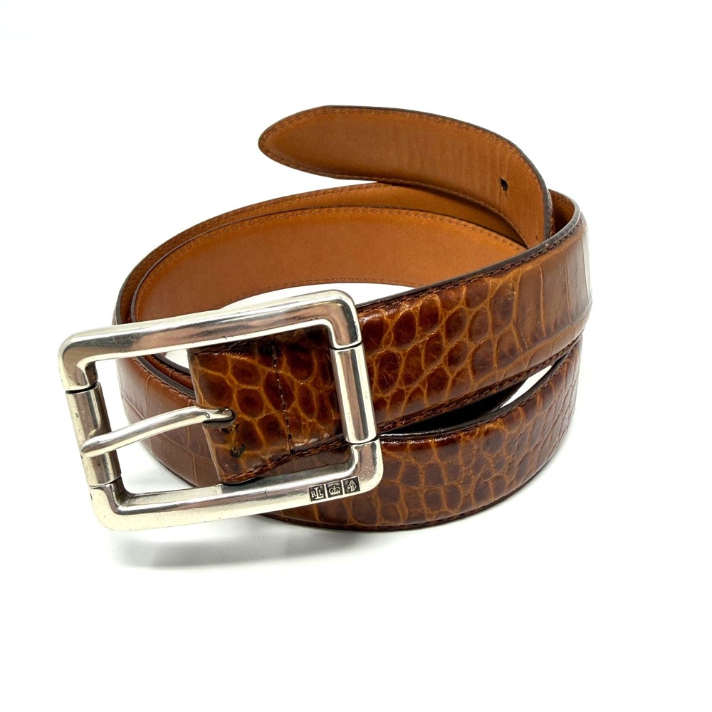 Lauren Ralph Lauren Womens Belt Vtg Croc Embossed Italian Leather Brown Large